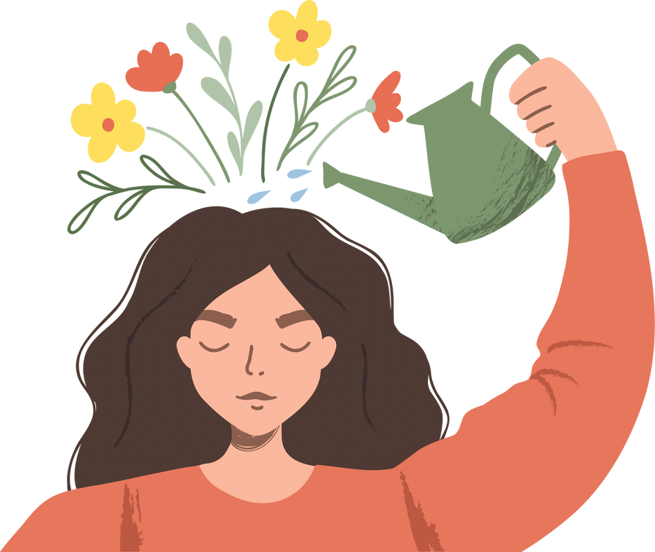 Woman watering plants that symbolize happy thoughts